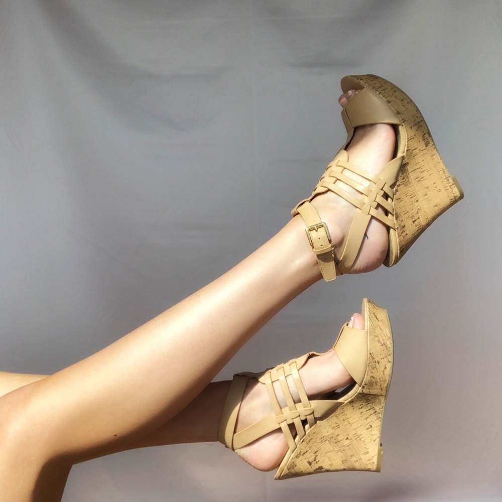 G By Guess tan cork wedges!